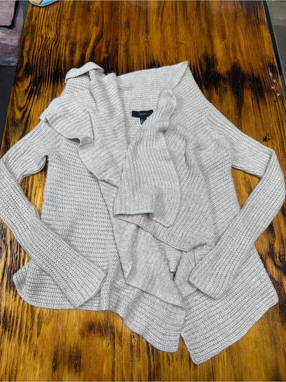 Forever 21 Light Cream Open-Front Ruffle Cardigan